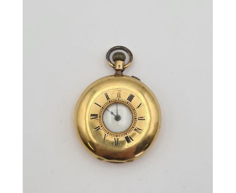 A lady's Continental half Hunter Fob Watch the white enamel dial with roman numerals, case stamped 18K, case width approx 36m