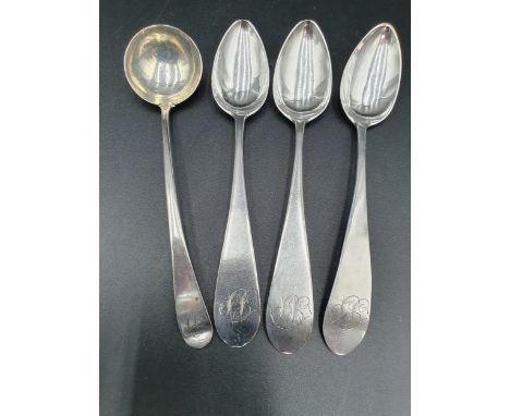Three Georgian silver Teaspoons old english pattern with pointed stems engraved initials, marked S RICHARDS, possibly Irish, 