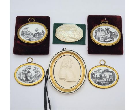 A set of four oval enamel Plaques printed monochrome 18th Century scenes in gilt metal frames, two mounted on maroon velvet, 