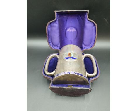 An Impressive Victorian silver and enamel twin handled Masonic Mug with oval cartouche and motto, also engraved Semper Fideli
