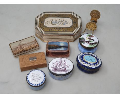 Four enamel Patch/Pill Boxes, two of them with inscriptions 'Who opens this muft have a kifs' and 'You are witty and pretty',