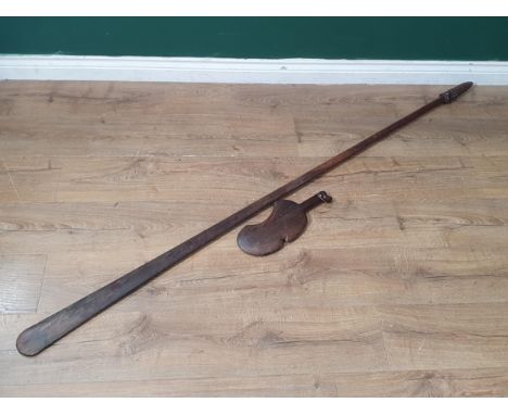 A Polynesian or Maori Paddle Club with carved handle 6ft L and a wooden fighting Hand Axe 1ft 2in L 