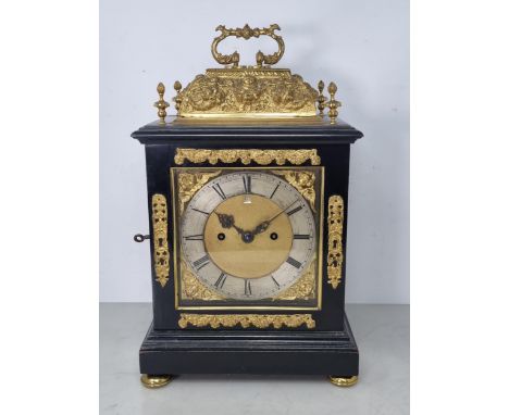 A 19th Century William &amp; Mary style basket top Bracket Clock with six inch square brass dial having silvered chapter ring