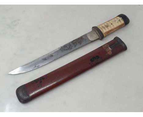 An antique Japanese Tanto with red lacquered Scabbard A/F and shagreen grip 13 1/2in L overall, blade edge 8in L 