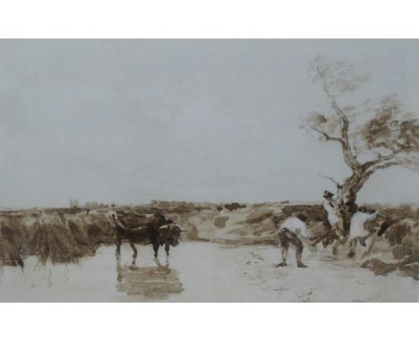 ASCRIBED  TO DAVID COX (1783-1859) Boys disturbed by a Bull, brown sepia wash sketch,  1/2 x 8 1/2 inThis is possibly a preli