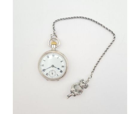 A George V silver cased Fob Watch with Omega movement having lever escapement, the white enamel dial with roman numerals and 