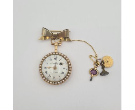 A French Seed Pearl and Enamel Fob Watch the white enamel dial with roman numerals and arabic numerals to minute track, by Ro