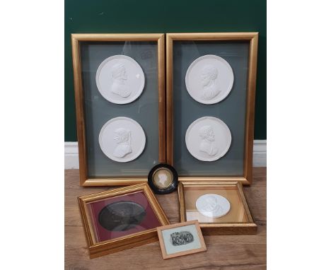 A framed metal relief Plaque of 'Emperor Napoleon I', a framed plaster Portrait of 'Sir Walter Scott', a set of four plaster 