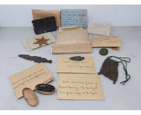 A collection of 18th/19th Provenance Antiquarian Artefacts, many with labels or letters of explanation; to include George Fox
