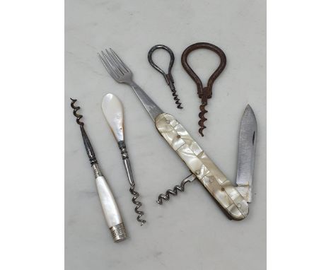 Two mother-of-pearl handled Perfume Bottle Corkscrews, a miniature folding steel Perfume Bottle Corkscrew, another folding Po