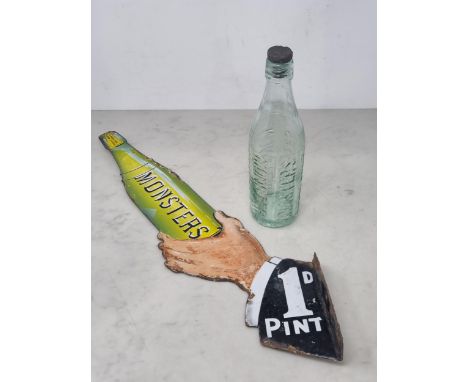 A vintage 'Monsters 1D Pint' enamel double sided Advertising Sign 22in, and a Monsters Lemon Squash glass Bottle  The Sign ap