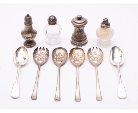 A mixed group of silver plated including; a modern pepper grinder, a vase shaped spice caster, two glass and Sheffield plate 