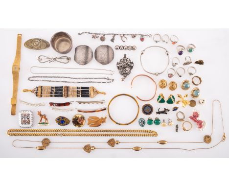 A mixed group of costume and silver jewellery, costume jewellery including brooches, hair slides, bangle, chain, necklace, br