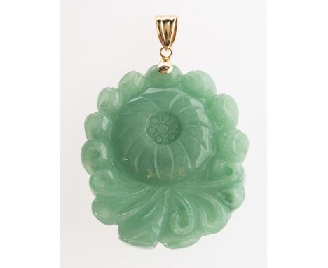 A jade pendant, a carved jade pendant of flowerhead form, bale marked 14k, jade measuring approx. 4.2cm x 3.5cm (not inc. bal