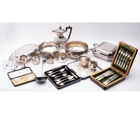 A mixed group of silver plate including; two silver bowl with handles, a toast rack, a miniature chalice, a grape fruit set, 