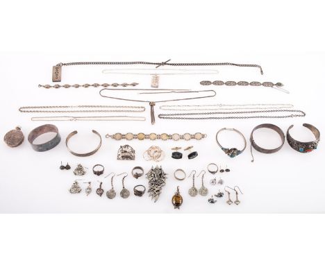 A mixed collection of jewellery, including some Egyptian jewellery, a scarab beetle and enamel bangle, a scarab beetle bracel