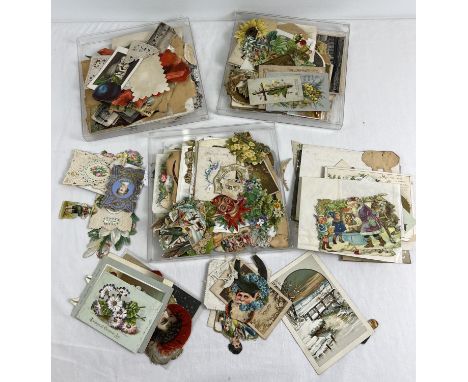 3 plastic tubs of assorted vintage scraps, pictures, greetings cards and prints. 