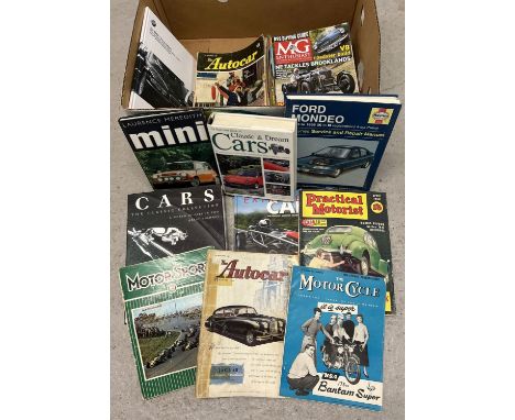 A box of assorted modern and vintage car books and magazines. To include 2 book set from LB, 2 books from Haynes, vintage The