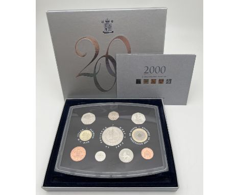 A cased and boxed limited edition 2000 United Kingdom Proof set of British coins by Royal Mint. Set includes What's Past Â£5 