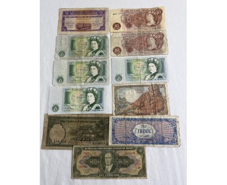 10 vintage British and foreign bank notes. To include 4 x Elizabeth II green Â£1 notes (all D series), 2 x Elizabeth II 10 sh