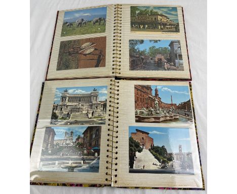 2 vintage albums contain a collection of coloured vintage postcards from various destinations. To include Rome, Kenya, Americ