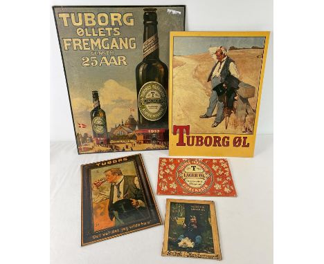 5 vintage advertising boards for Tuborg, Danish lager. Largest approx. 53.5cm x 42.5cm. 