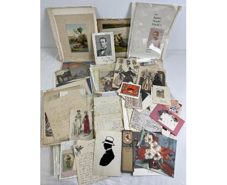 A box of assorted vintage ephemera, to include correspondence, greetings cards, prints, etchings and photographs. 