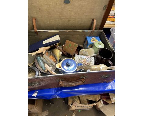 A suitcase with a mixed lot of items to include Denby coffee pot, vintage camera and other items
