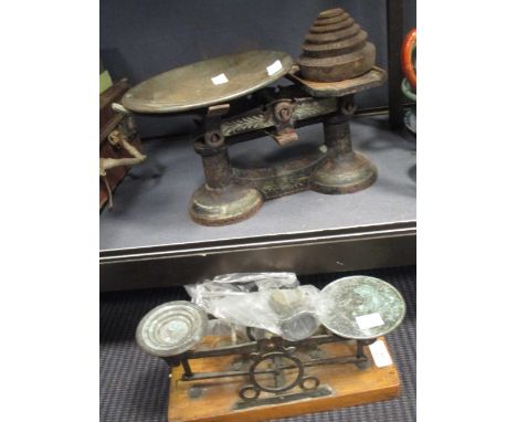 A set of letter scales with weights and kitchen scales  