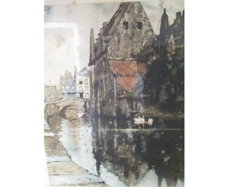 Henri Cassiers (1848-1944), a coloured etching of a continental river scene in original oak frame with Maple and Co label  