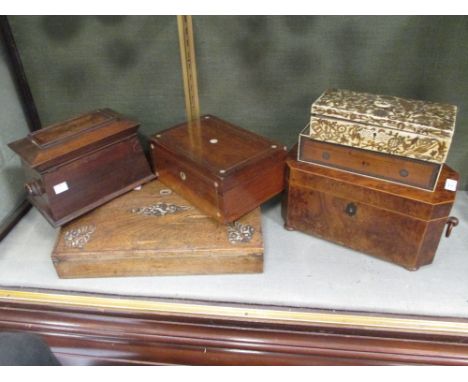 A 19th century burr wood tea caddy, together with five other boxes  