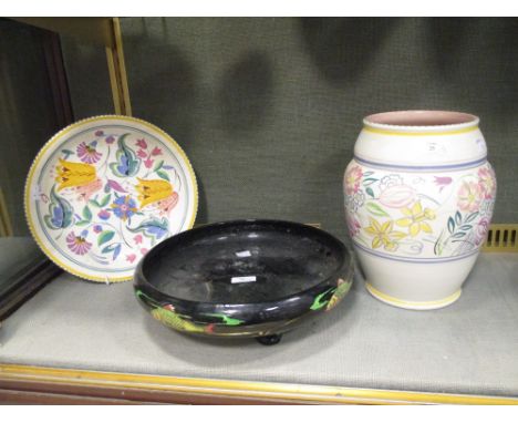 A large Poole pottery vase, together with a Poole pottery dish and a Soho pottery dish  