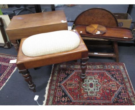 A rustic stool, mahogany trays and a lid together with two mahogany bidet tables (6)  