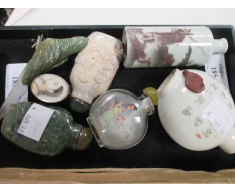 Five snuff bottles, a stone carving of a parrot and an Indian box (7)  Stone parrot: chipped   Snuff is missing lid