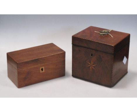 A 19th century mahogany domestic medicine box and a miniature mahogany tea caddy  Tea caddy does not have a key