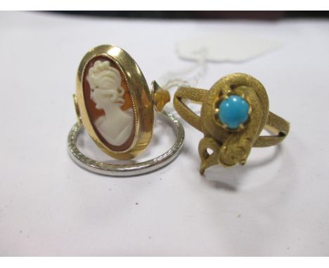 An oval lava cameo brooch in a yellow metal mount, a pair of 9ct cameo earrings (cased), a cameo ring (indistinctly stamped 5