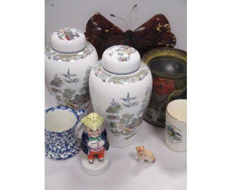 A Huntley & Palmer 'Toby jug' biscuit tin, together with a pair of Wedgwood vases and covers, a commerative 'Moon Landing' mu