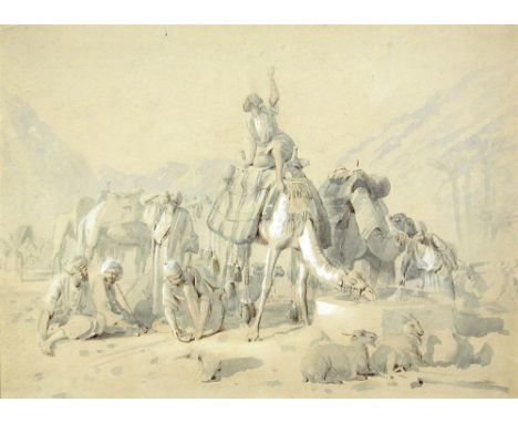 Circle of David Roberts RA (Scottish, 1796-1864) Bedouins watering their camels in the Valley of Sinai, Egypt inscribed verso