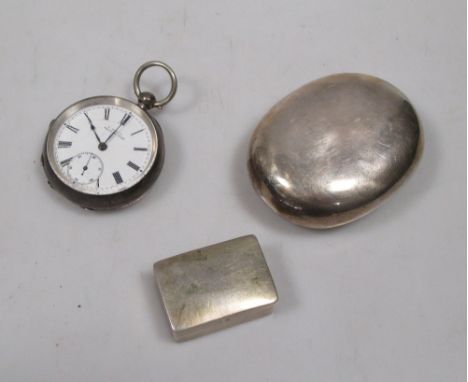 A silver pocket tobacco box, cup, snuff box and a pocket watch (3)  