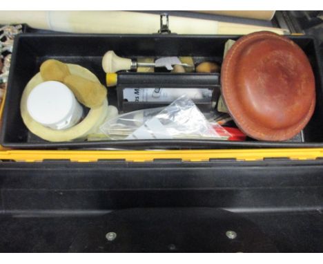 A toolbox containing a quantity of jewellers tools and equipment and including a small quantity of gold and silver wire  