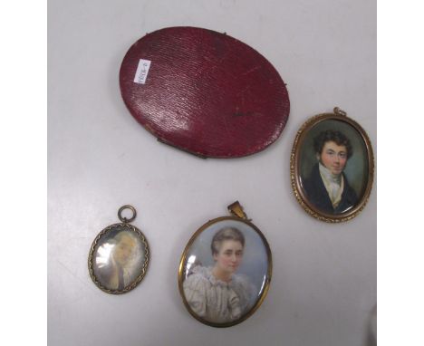 English School (19th Century) - Five portrait miniatures; A gentleman wearing a navy coat and white stock, 6.5 cm; another ge