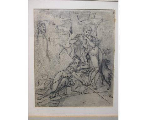 French School, 18th century, rustic scene with pan-pipe player and female companion, pen and ink over pencil  