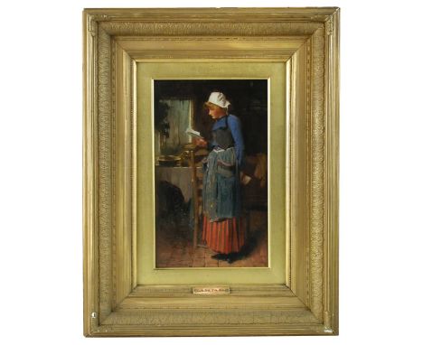 Carlton Alfred Smith (British, 1853-1946) Study of a girl reading in a kitchen signed and dated "Carlton A Smith 1904" oil on