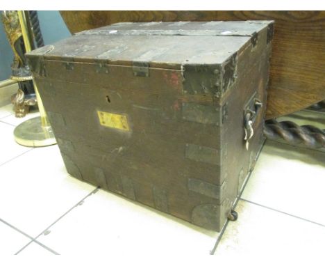 A metal bound trunk with two interior trays fitted to take silver, 50 x 61 x 46cm  