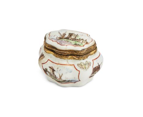 ‡ &nbspA SILVER-MOUNTED CHELSEA PORCELAIN BOMBE-FORM SNUFF-BOX  CIRCA 1750   Painted with harbour scenes, the corners and und