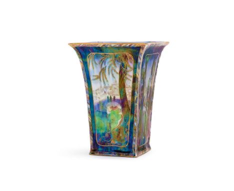 ‡&nbspDAISY MAKEIG-JONES FOR WEDGWOOD, DANA - CASTLE ON A ROAD, A FAIRYLAND LUSTRE SQUARE SECTION VASE  CIRCA 1920  Of square