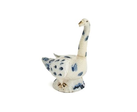 ‡ &nbspA STAFFORDSHIRE SALT-GLAZED STONEWARE MODEL OF A SWAN  CIRCA 1755   Naturalistically moulded, splashed in cobalt blue,