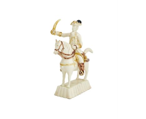 ‡ &nbspA STAFFORDSHIRE CREAMWARE EQUESTRIAN FIGURE OF AN OFFICER   CIRCA 1760-70  Detailed in brown and ochre, the horseman w