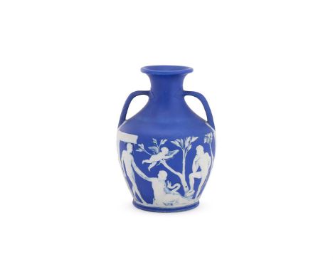 ‡ &nbspA WEDGWOOD BLUE JASPER PORTLAND VASE  LATE 18TH CENTURY  Of typical form and after the Antique original, the handles w