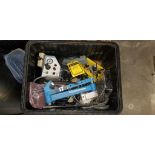 Bin of Assorted Content of Power Supplies, Cables, Screwdriver, Balancing Arm